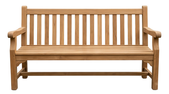 A classic wooden garden bench with a slatted back and armrests crafted from natural brown timber for outdoor seating use isolated on transparent background