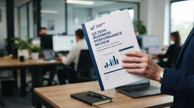 Business professional holding Q3 2024 performance review report with charts in modern office
