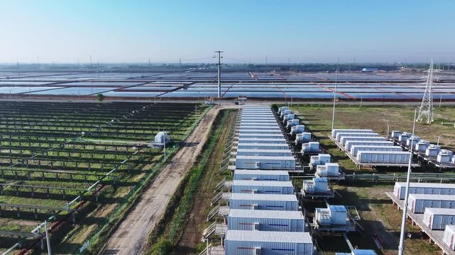 Solar power station and salt pans coexist in an industrial landscape under clear blue sky