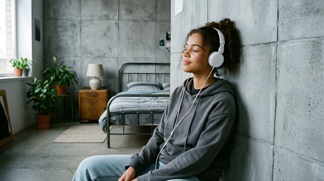 Young woman with eyes closed listening to music in bedroom at home