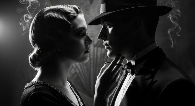 Cinematic Film Noir Style Portrait of a Vintage Couple in Black and White with Dramatic Lighting and Smoke