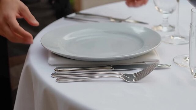 Waiter placing white plate on neatly set table with silverware and napkin