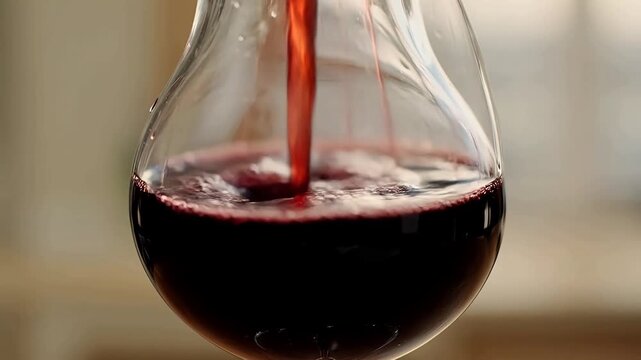 Red wine being poured into a clear glass decanter, creating ripples and bubbles