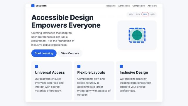 Digital motion graphic displaying a clean web interface layout with interactive UI elements focusing on accessible design and text scaling