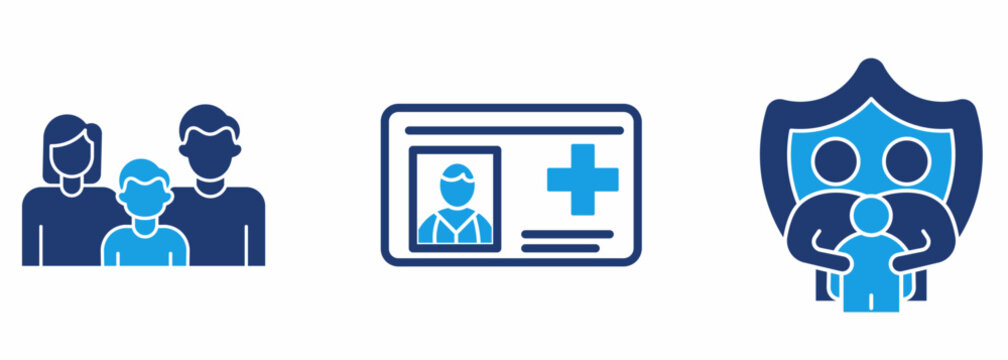 Family health insurance icon set with family avatar, medical ID card, and family shield protection. Symbol of healthcare policy, family care, life assurance, and medical coverage.