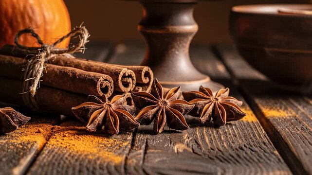 Warm spices of cinnamon sticks and star anise on rustic dark wood, autumn harvest, baking ingredients, aromatic seasoning, cozy atmosphere