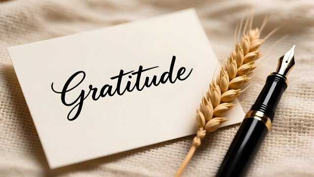 Gratitude handwritten note on elegant cardstock, thank you message with fountain pen and wheat stalk, rustic appreciation concept on linen texture