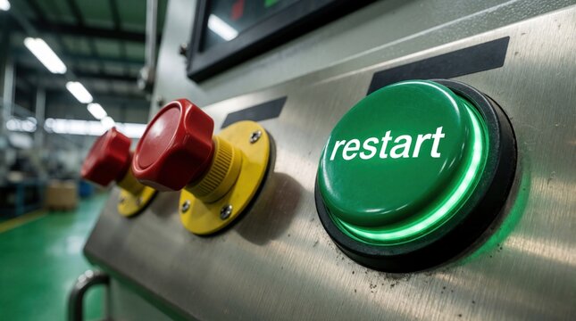 Green restart button glows on industrial metal control panel. Red emergency switch sits nearby on machine board. Modern equipment interface allows factory worker to reboot production system.