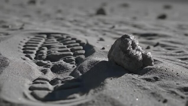 Lone boot footprint on a gray dusty planetary surface.