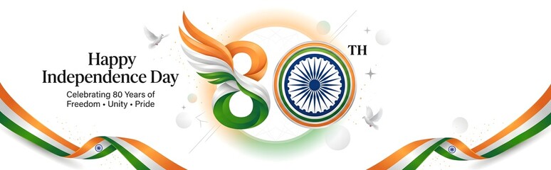 Obraz premium 80th independence day india celebration banner with tricolor graphics with Ashoka Chakra