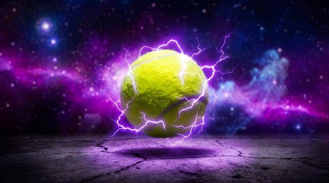A bright yellow tennis ball floating in the air surrounded by magical purple lightning and cosmic nebula energy clouds