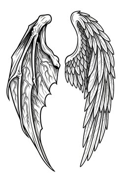 Angel and demon wings line art drawing.