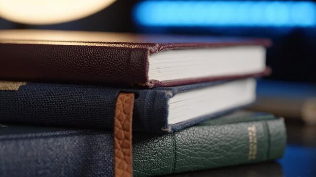 Stack of three hardcover books, a maroon, navy, and green, with a textured bookmark peeking out, ideal for educational concepts, libraries, or personal study