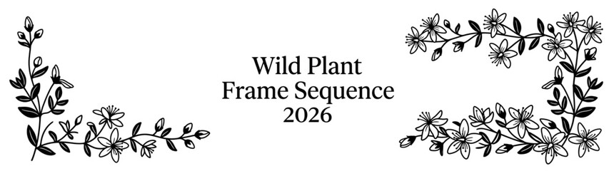 Obraz premium Various Wild Plants Frame Sequence Illustration for 2026 Designs, Hand Drawn Floral Border Elements