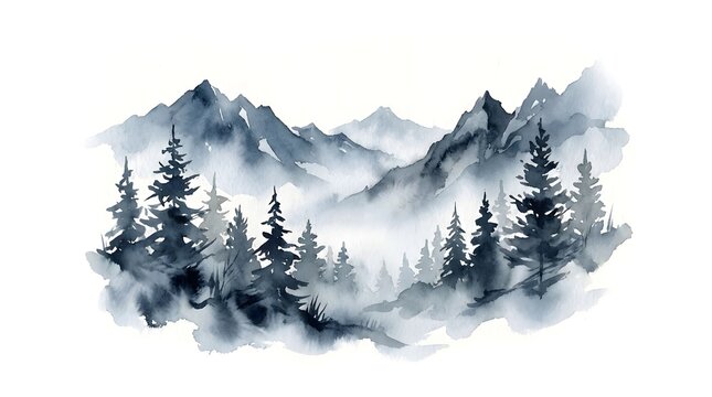 Beautiful watercolor painting of a misty mountain landscape with evergreen pine trees isolated on a clean white background