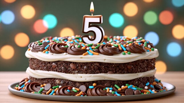 Chocolate layered cake displays festive sprinkles and a lit candle indicating the number five.