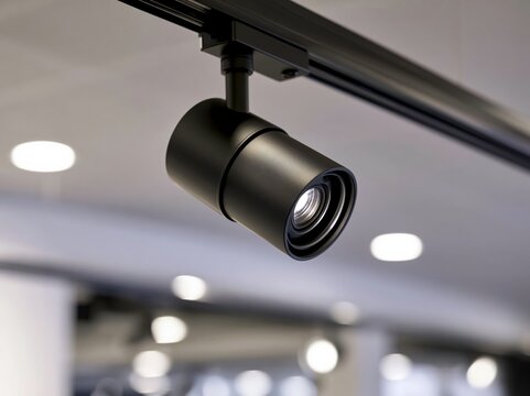 Matte black track lighting head on a ceiling mounted rail in a modern art gallery space