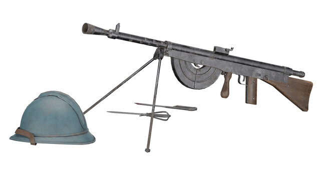 3d rendering of a vintage machine gun with a helmet and tools