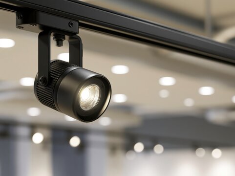 Matte black track lighting head on rail in modern gallery setting showcasing even light