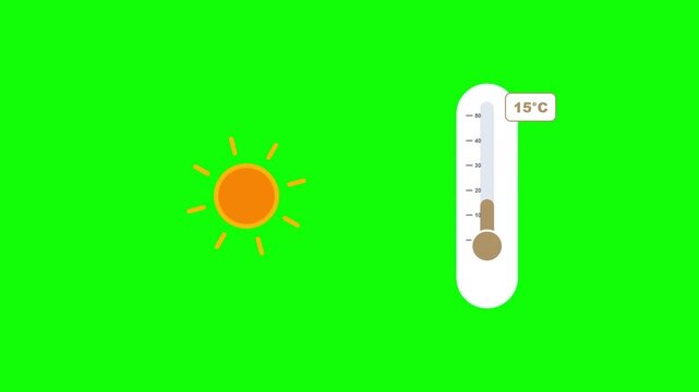 Flat Animation of Rising Temperature on Thermometer with Sun Icon Green Screen and Black Background