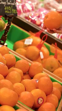 Close Up of Hand Selecting Fresh Orange in Grocery Store
