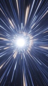 Abstract hyperspace tunnel with blue and white light streaks moving towards a central bright glow.