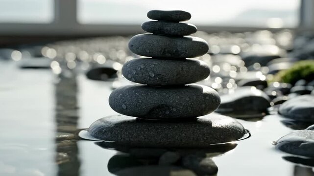 Stacked dark wet pebbles on a calm shore, symbolizing balance and tranquility, with reflections in shallow water