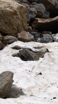 Melting Snow and Flowing Water Over Rocks at Lago della Rovina