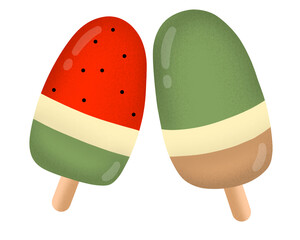 Cute Red and Green Popsicle Ice Cream Bar with Watermelon and Kiwi Flavor, Summer Frozen Treat Illustration
