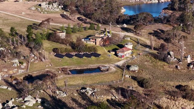 Aerial View of Rural Water Treatment Plant with Solar Panels