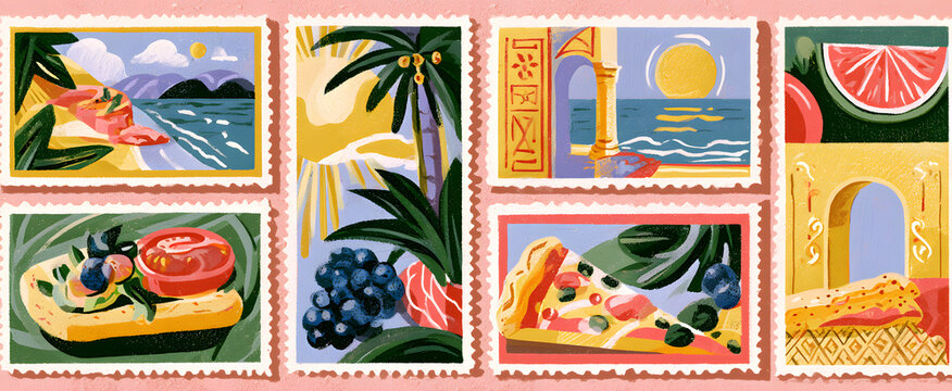 A vivid display of postage stamps highlighting summer scenes in Capri or Sardinia, Italy, featuring sunshine and culinary elements.