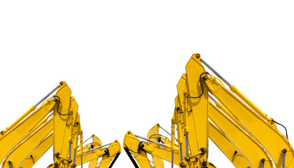 Yellow hydraulic excavator arms isolated on white background for construction and engineering industry concept. Construction machinery and civil engineering equipment. © Fahroni