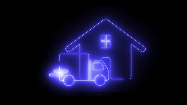 Neon blue house and delivery truck icon
