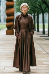 Naklejka premium Elegant Elderly Woman in Brown Coat Walking in Urban Park