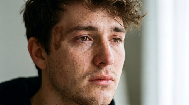 Close up portrait of a young man with freckles crying with a facial bruise