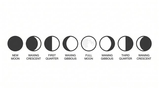 Complete lunar cycle phases illustration set. Vector moon stages from new to full with precise astronomy labels.