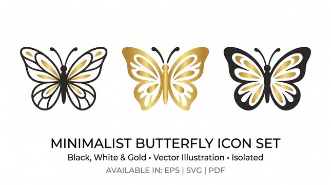 Minimalist butterfly icon set in vector design. Simple line art insects for logos, branding, and digital graphics.