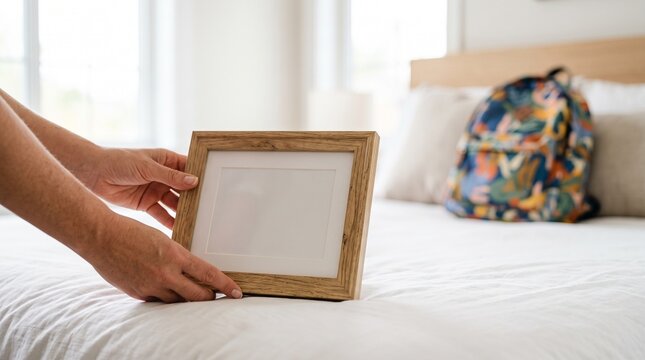 Hands holding blank wooden picture frame mockup on white bed in bright bedroom