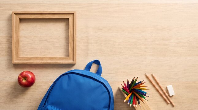 Back to school flat lay with blue backpack apple colored pencils and blank wooden frame on desk