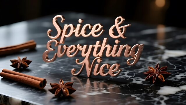 Spice and Everything Nice elegant rose gold 3D lettering, luxury kitchen marble countertop with cinnamon sticks and star anise, festive culinary typography