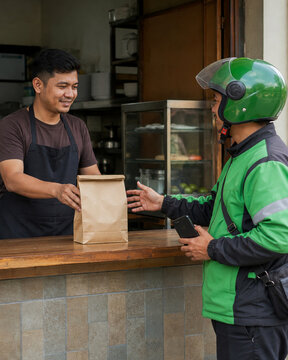 Southeast Asian food delivery courier picking up takeaway order