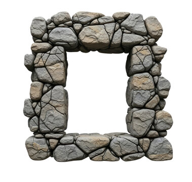 A stone frame is displayed against a transparent background. The frame is constructed from irregularly shaped, gray stones with a textured surface.
