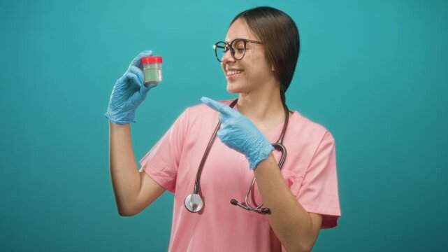 Woman doctor in pink scrubs with stethoscope holds urine sample jar and points gloved finger to it in studio; reassurance.