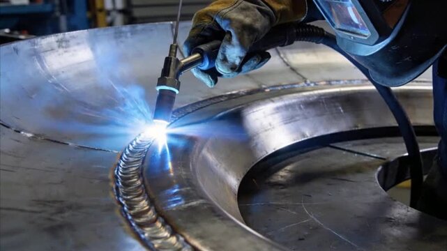 Professional MIG Welding Torch Creating Precision Weld Seam on Curved Steel Plate in Modern Industrial Fabrication Workshop