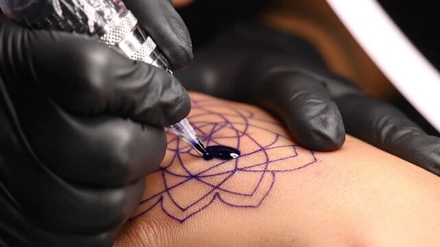 Close up of professional tattoo artist creating intricate mandala tattoo on arm