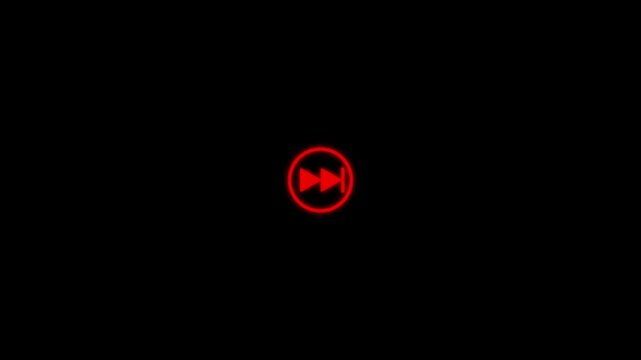 Red neon fast forward media control button pulsing animation on black background, media player glowing