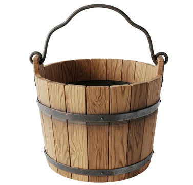 A rustic wooden bucket rests on a transparent background. The bucket has a dark brown wooden body, silver metal bands, and a metal handle.