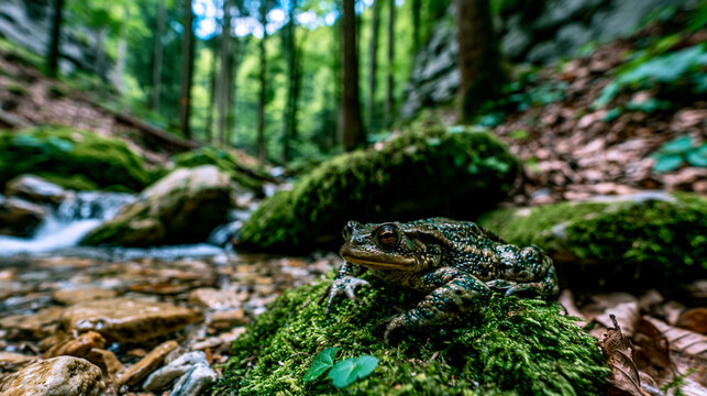 Common toad sitting on mossy rock in a serene forest stream landscape with amphibian
