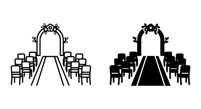 Wedding Ceremony Arch and Seating Arrangement Icons, Black and White Vector Graphics