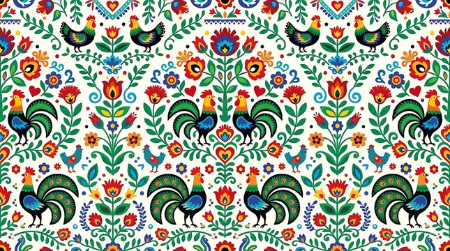 Vibrant traditional folk pattern with roosters and botanical elements